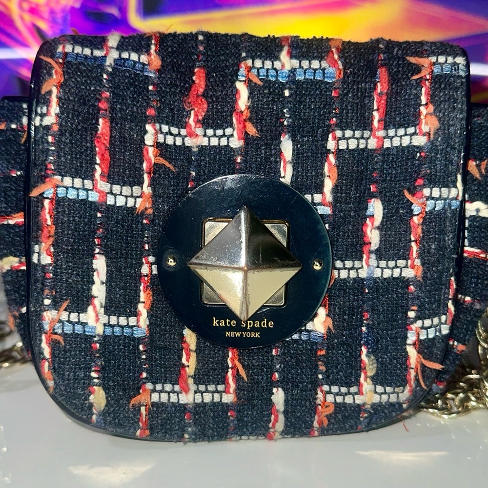 Kate Spade New York Navy Plaid Tweed Crossbody Bag With Chain
